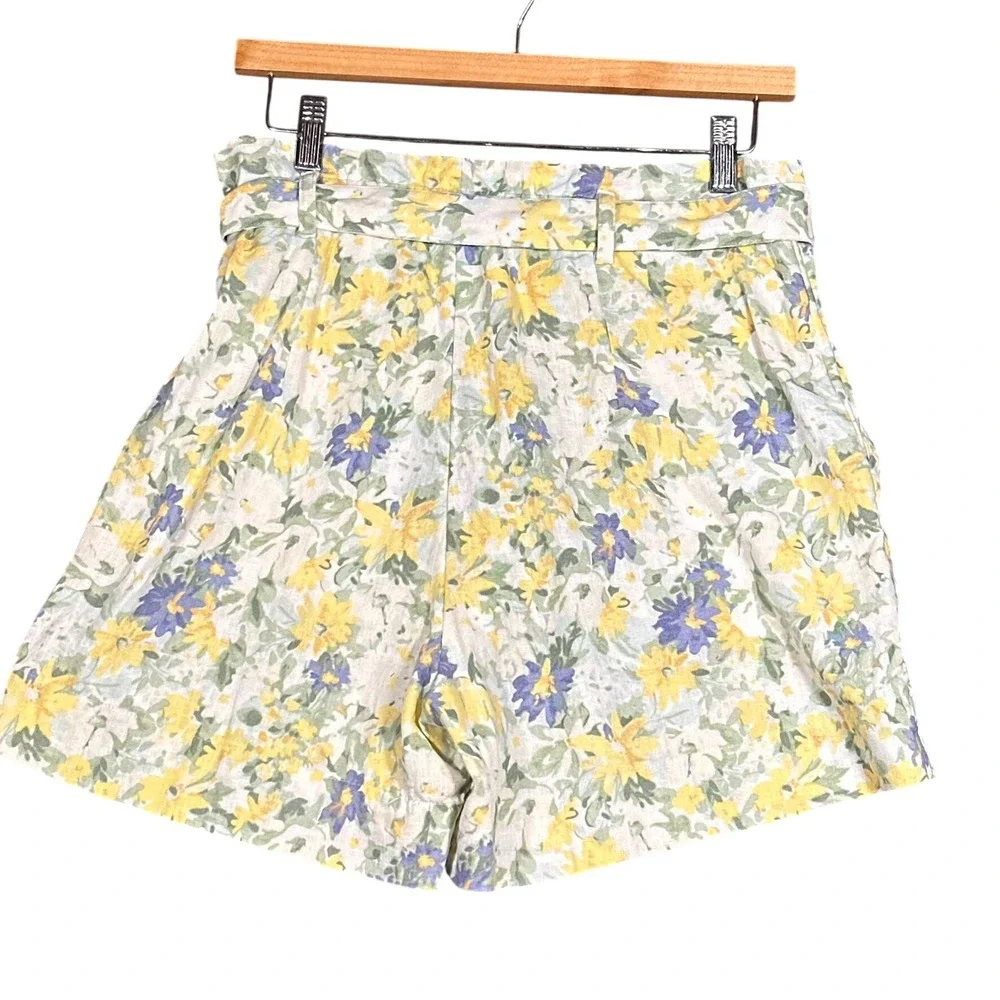 Abercrombie & Fitch Belted Floral High Rise Linen Blend Shorts Womens Med Yellow